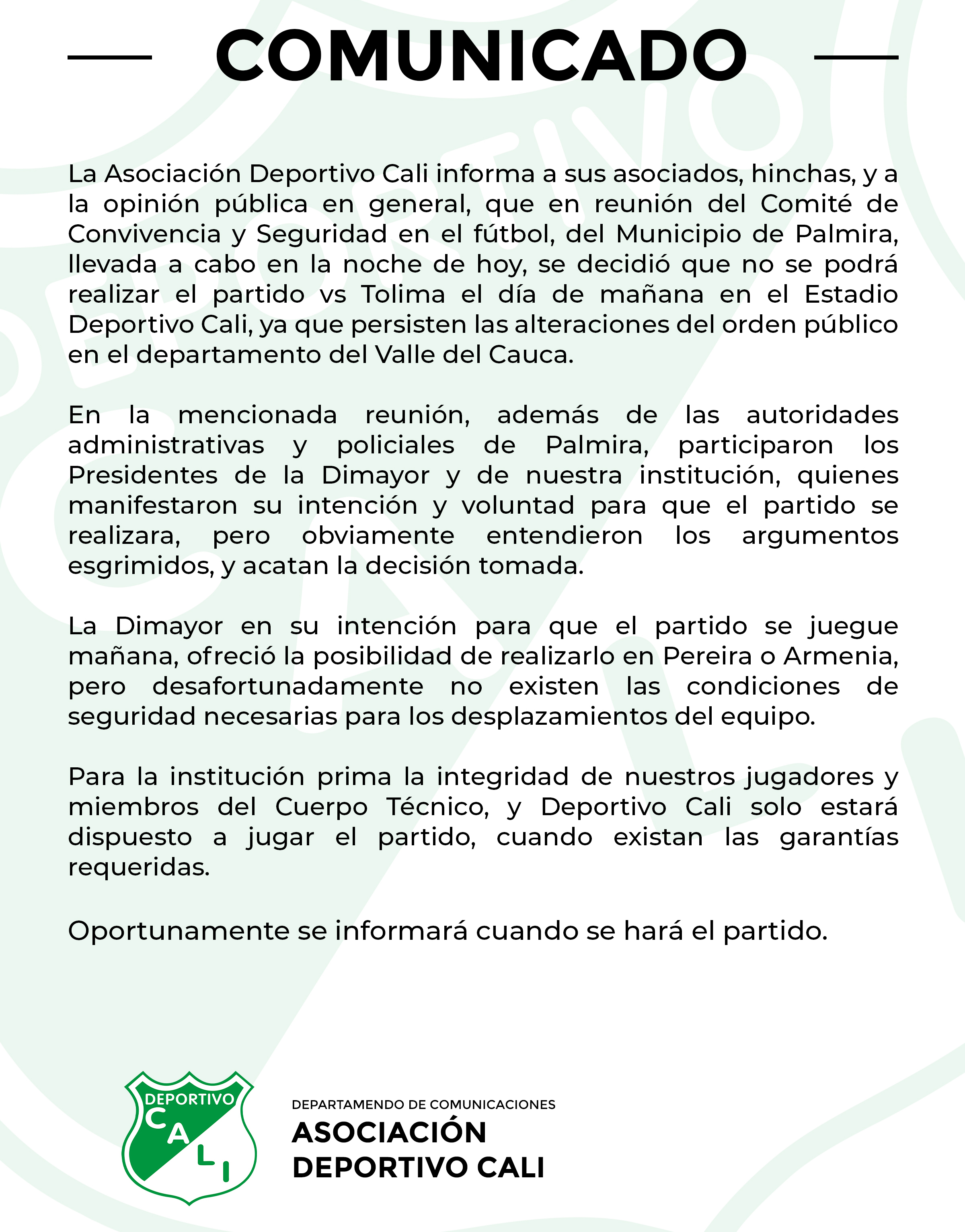 Comunicado oficial del Deportivo Cali. Twitter @AsoDeporCali.