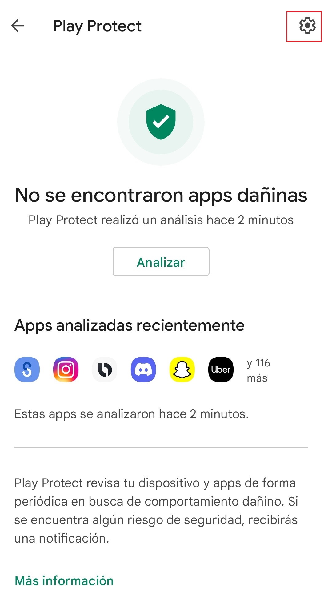 Ingresar en la tuerca que se encuentra en el margen superior para verificar si el escaneo de Play Protect está habilitado
