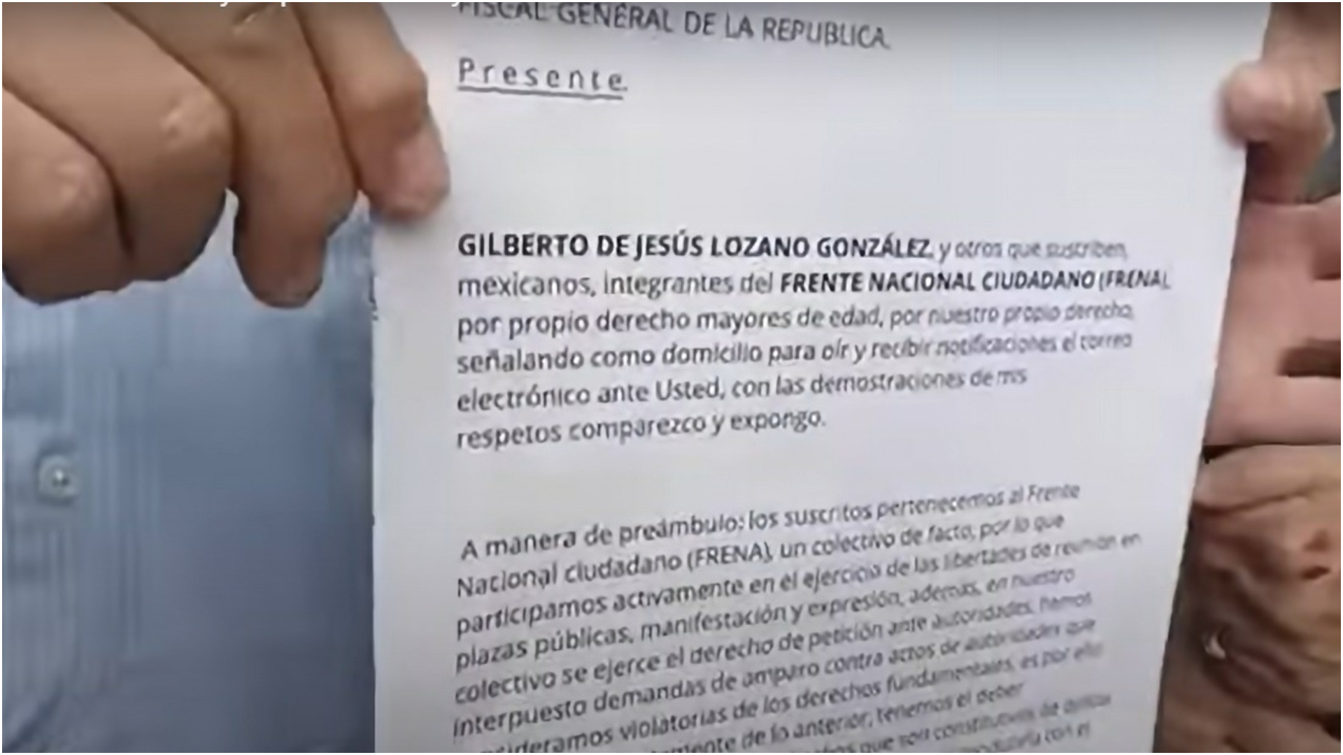 El líder de Frena presentó una parte de la denuncia (YouTube/Gilberto Lozano)