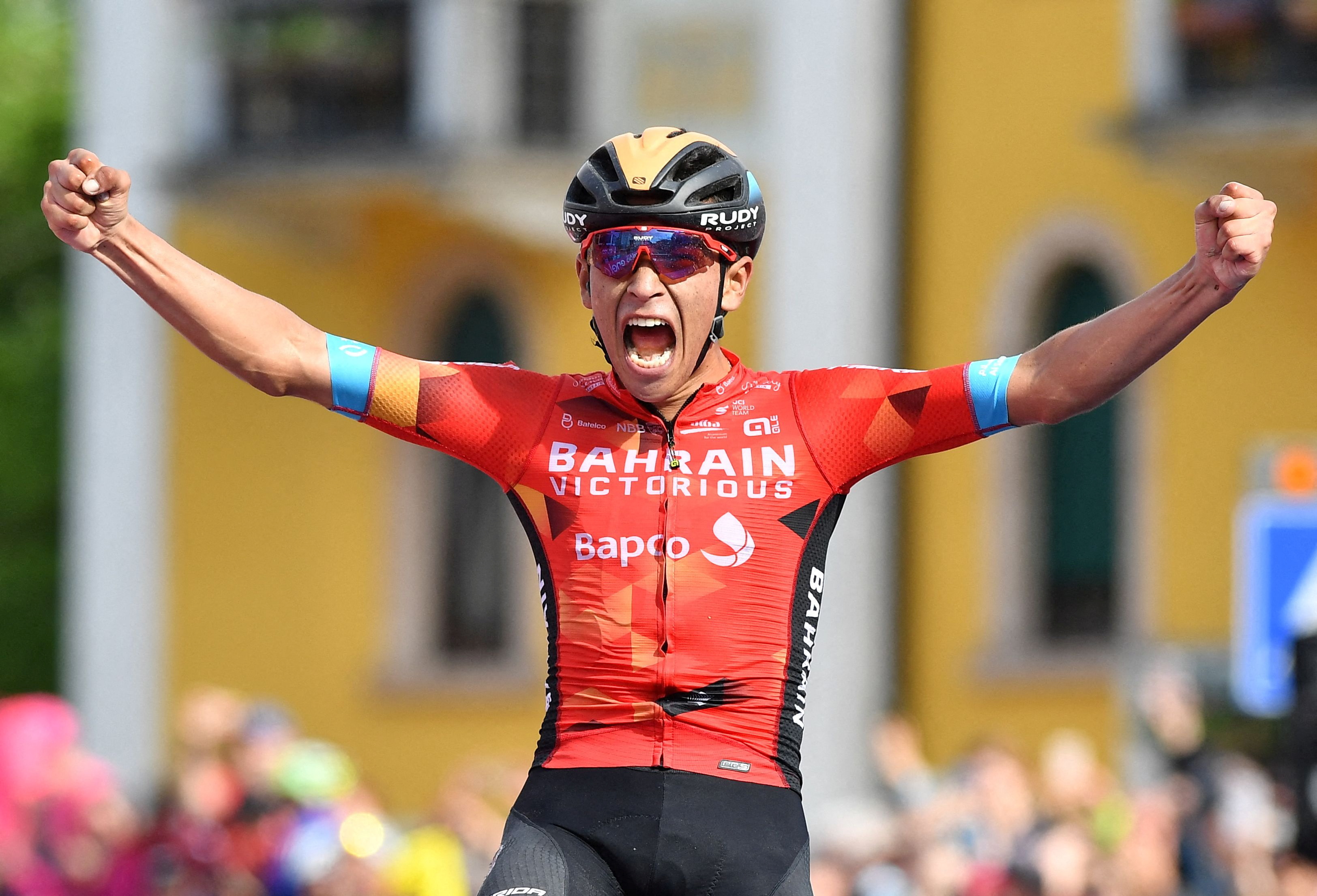 Cycling - Giro d'Italia - Stage 17 - Ponte di Legno to Lavarone, Italy - May 25, 2022 Bahrain - Victorious' Santiago Buitrago celebrates after crossing the line to win stage 17 REUTERS/Jennifer Lorenzini     TPX IMAGES OF THE DAY