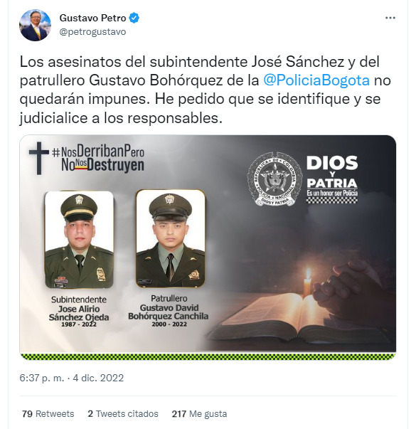 El presidente Gustavo Petro también rechazó el asesinato del subintendente Sánchez y el patrullero Bohórquez en Bosa.
Vía Twitter (@petrogustavo)