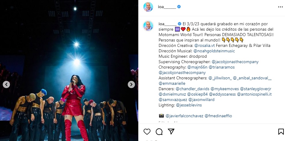 iOA incluye los créditos de los artistas originales del Motomami Tour de Rosalía en su publicación. Instagram