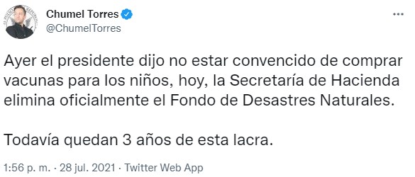 Luego de que se hiciera oficial la desaparición del FONDEN, Chumel Torres llamó "lacra" a AMLO. (Imagen: Twitter/@ChumelTorres)