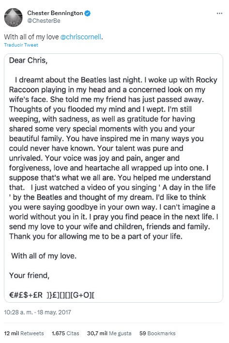 El último adiós que Chester Bennington hizo a su íntimo amigo Chris Cornell tras su suicidio en mayo de 2018. Foto: @ChesterBe
