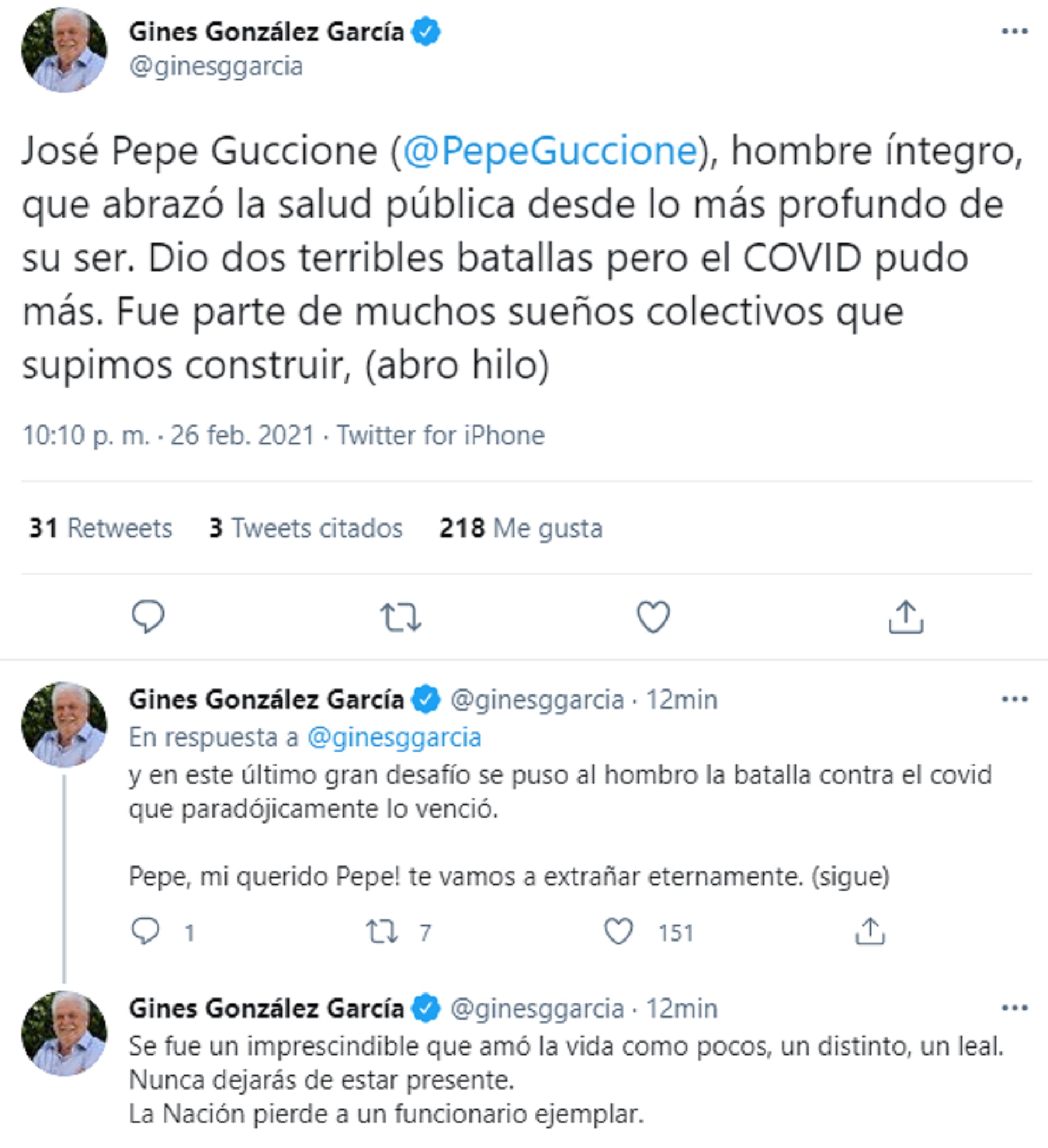 El sanitarista utilizó las redes sociales para despedir a José Pepe Guccione, ex ministro de Salud de la provincia de Misiones, quien falleció a causa del coronavirus