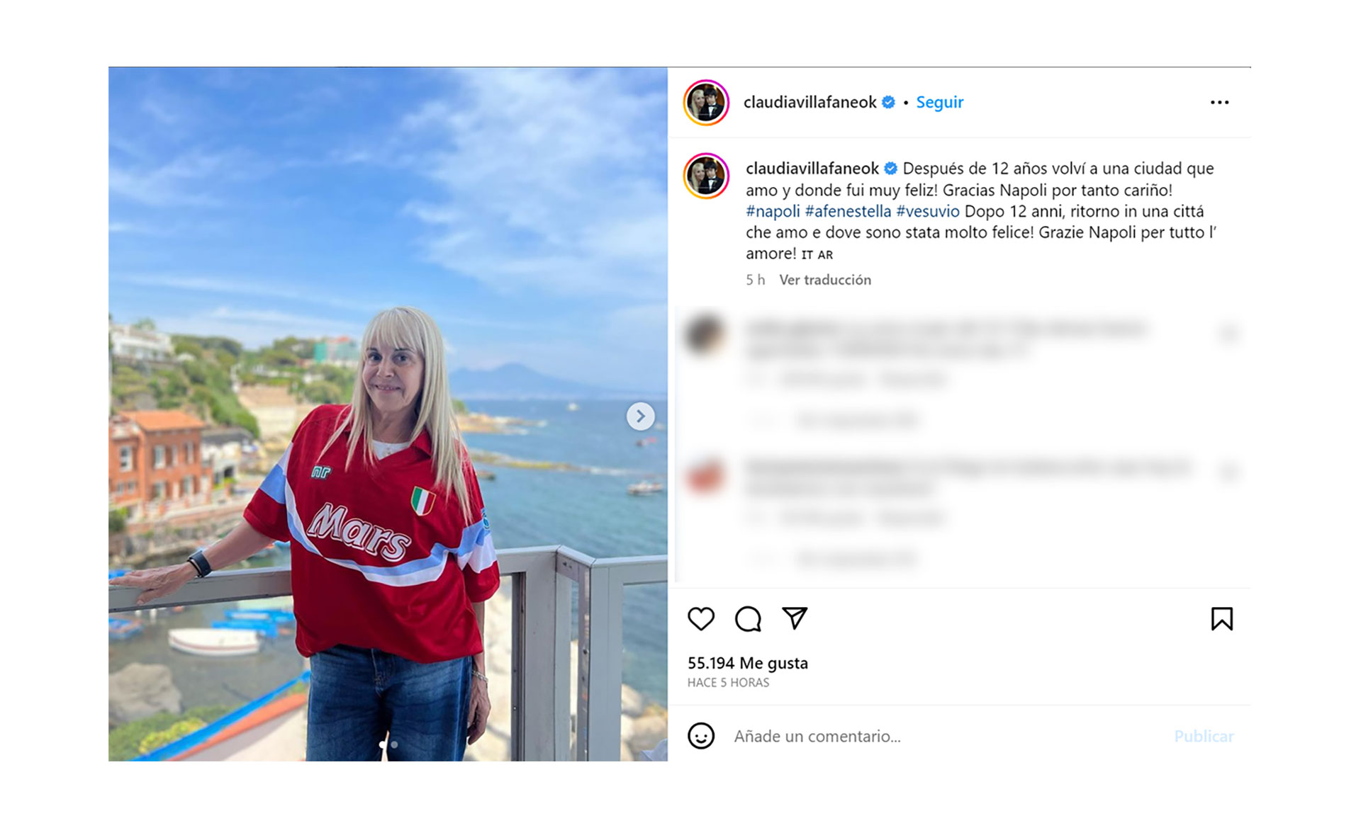 El posteo de Claudia Villafañe desde Nápoles, a donde viajó para la consagración del Napoli (Instagram)