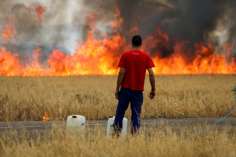 A shepherd watches a fire that burns a wheat field between Tabara and Losacio, during the second heat wave of the year, in Zamora province, Spain, July 18, 2022. REUTERS/Isabel Infantes TPX IMAGES OF THE DAY