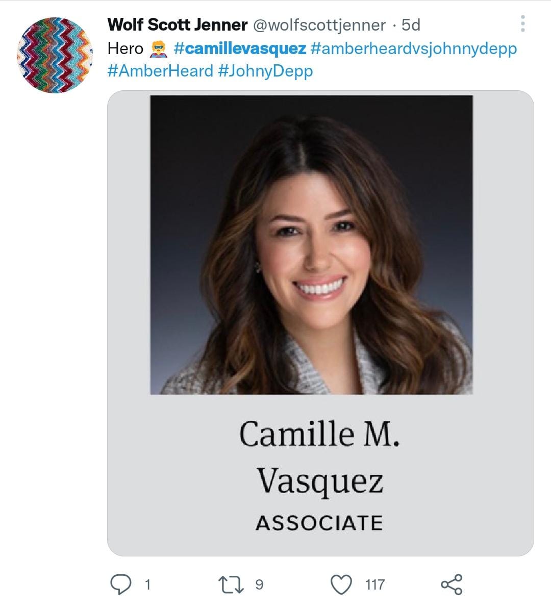 Camille Vasquez, abogada de Jhonny Depp, es declarada una heroína en redes por defender al actor. Tomada de Twitter.
