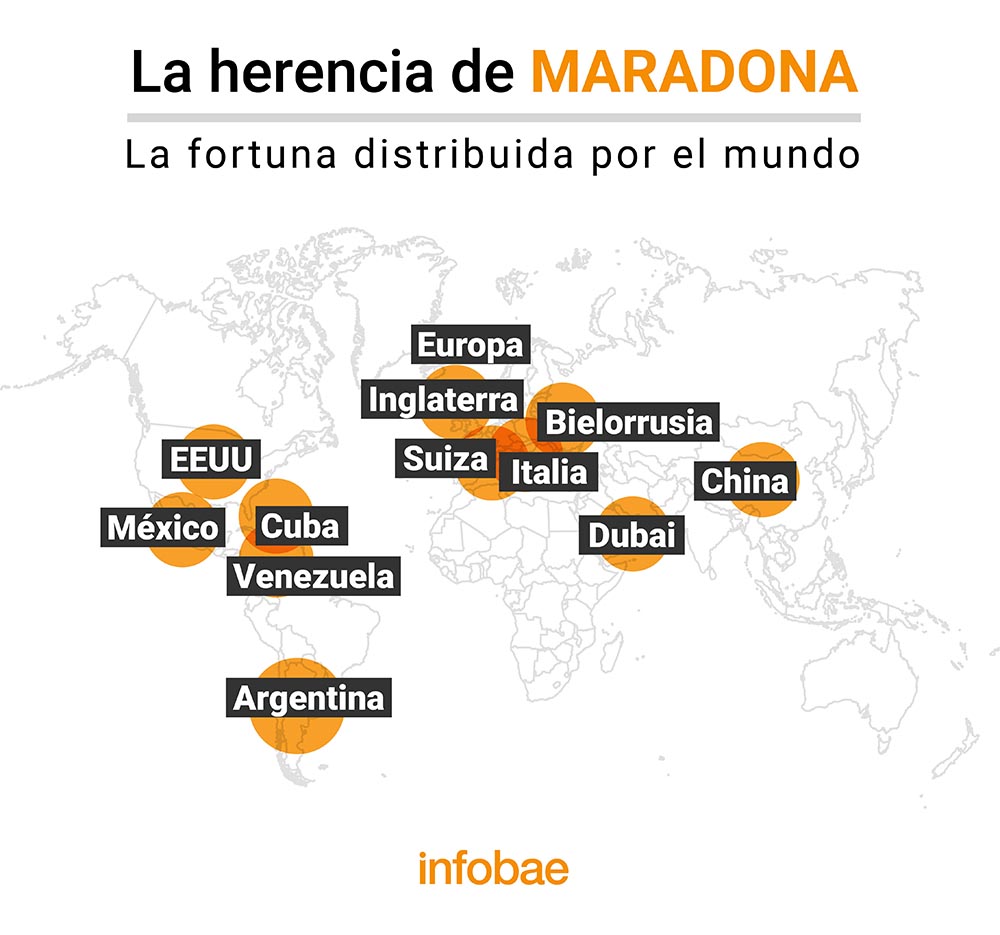 Los distintos países del mundo donde hay bienes o negocios de Maradona