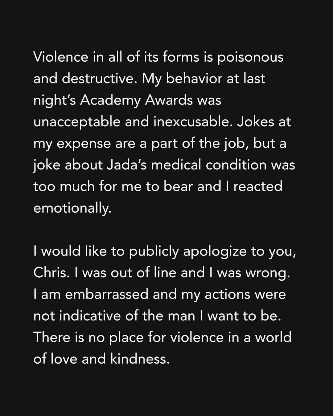 Extracto de la disculpa de Will Smith que publicó en sus redes sociales
