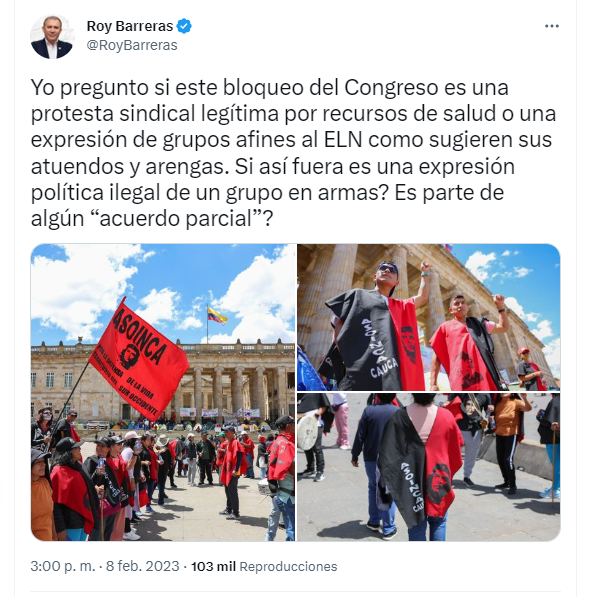 Through Twitter, the president of the Senate questioned the protests by teachers from Cauca held in front of the Capitol.  Twitter (@RoyBarreras)