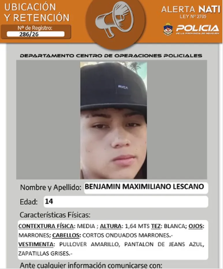 Activaron la Alerta Nati en Neuqu&eacute;n por la desaparici&oacute;n de un adolescente de 14 a&ntilde;os