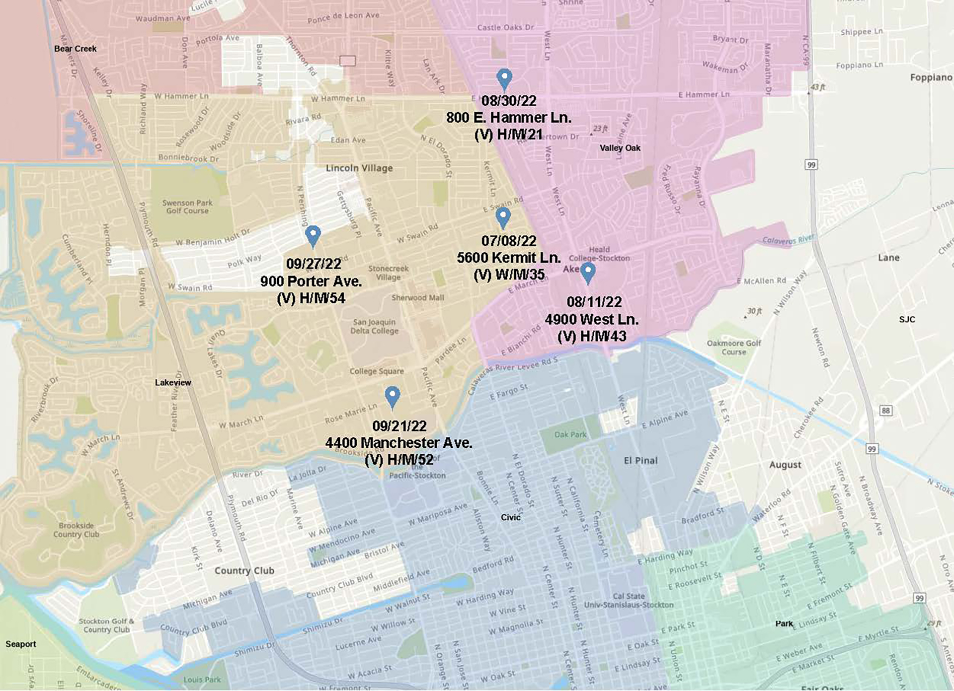 Las locaciones de los asesinatos en serie en Stockton 