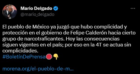 El presidente de Morena pidió que se inicie una investigación en contra de Felipe Calderón (Twitter/@mario_delgado)