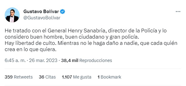 Tuit de Gustavo Bolívar sobre el general Henry Sanabria