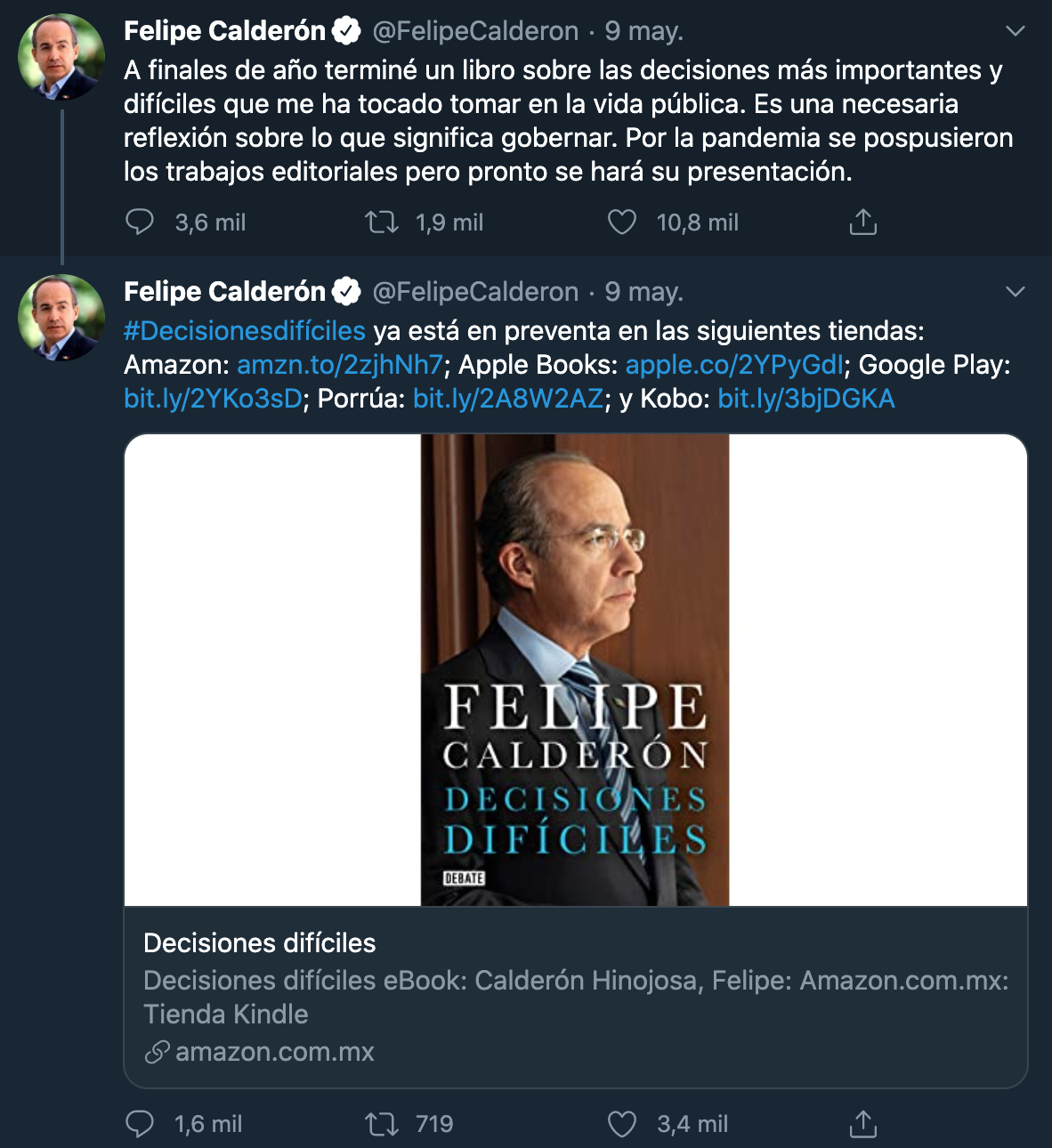 Calderón anuncia su libro "Decisiones difíciles" Foto: Twitter / @FelipeCalderon
