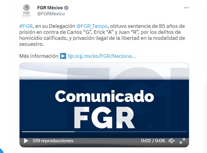 The authorities reported the conviction against three people through social networks (Photo: screenshot/Twitter/@FGRMexico)