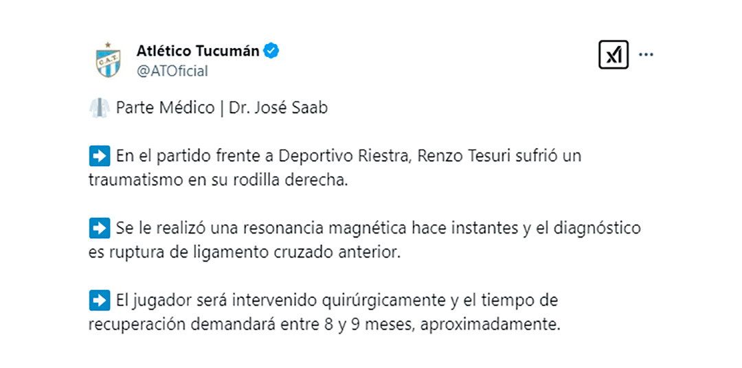 El video de la impactante lesión que sufrió el jugador de Atlético Tucumán Renzo Tesuri: cuántos meses estará sin jugar   