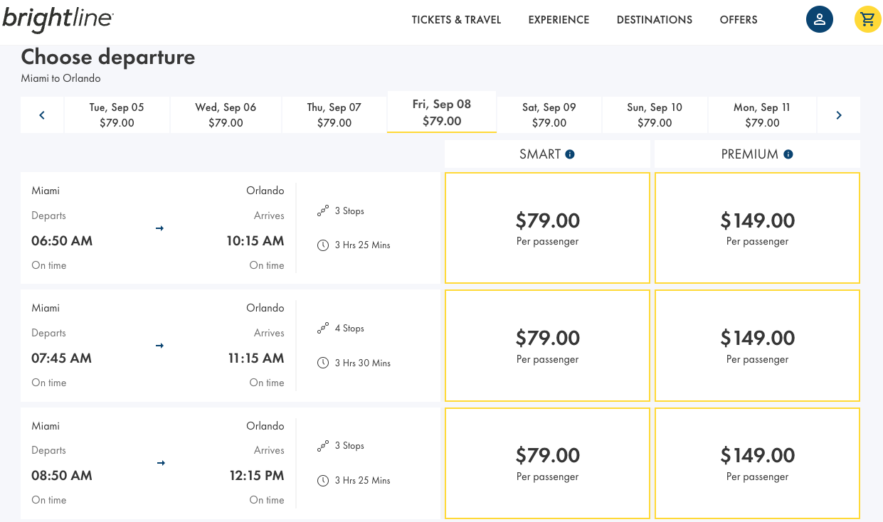 Brightline ofrece una gama de precios accesibles para sus pasajeros: USD 79 para adultos y USD 39 para niños entre Miami y Orlando."