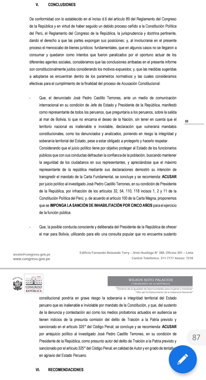 Conclusión del informe por presunta traición a la patria contra el presidente Castillo.