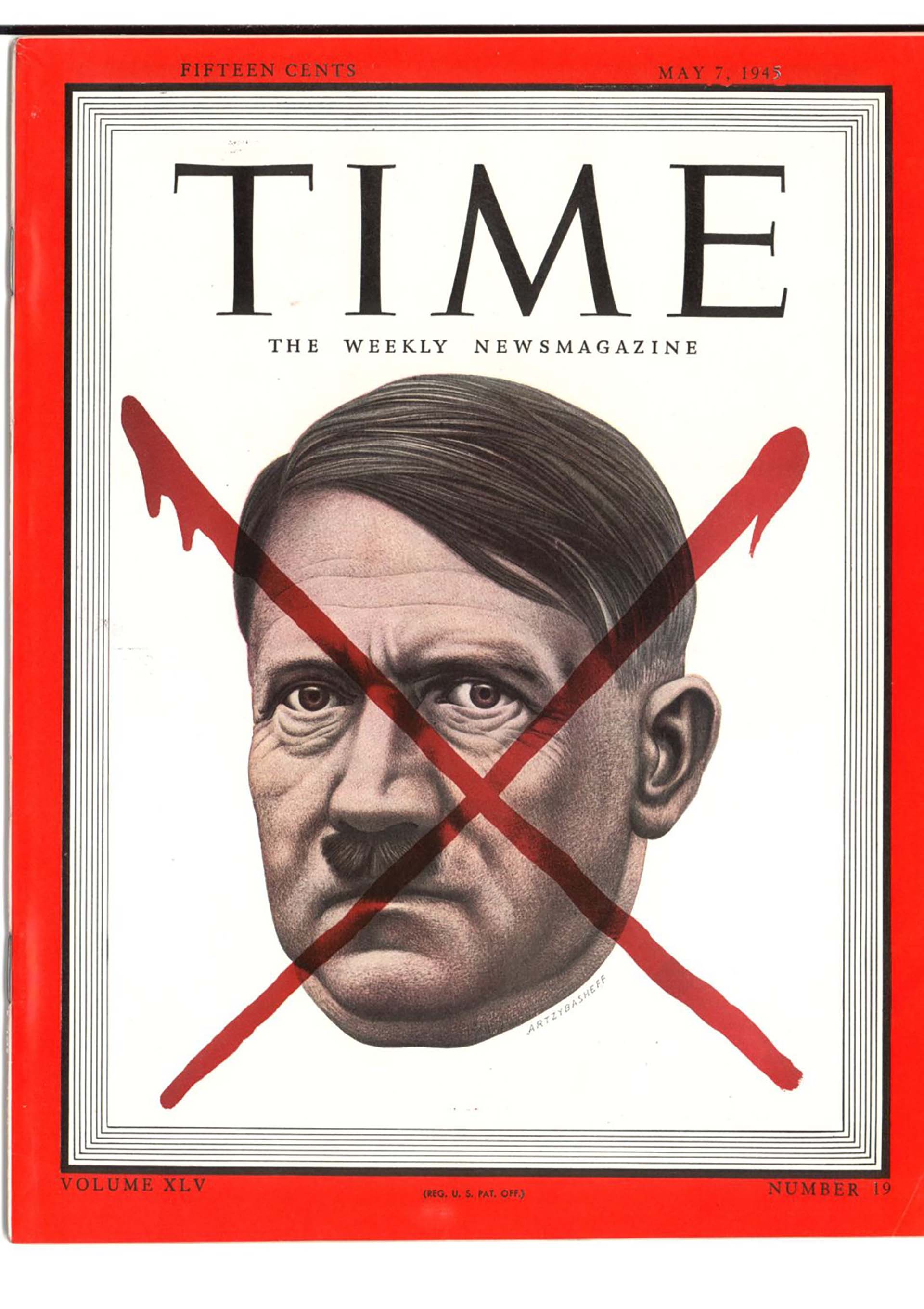 La edición de Time después del suicidio de Hitler. La tachadura del rostro fue un recurso que sólo usó con el líder nazi, Saddam Hussein, Bin Laden y Abu Musab al Zarqawi
