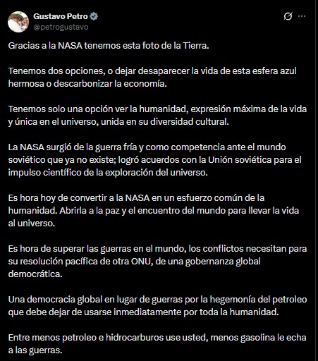 La propuesta que Gustavo Petro le dejó a la Nasa luego de compartir las primeras fotos de la Tierra desde el Artemis II: “Llevar la vida al universo” - Infobae