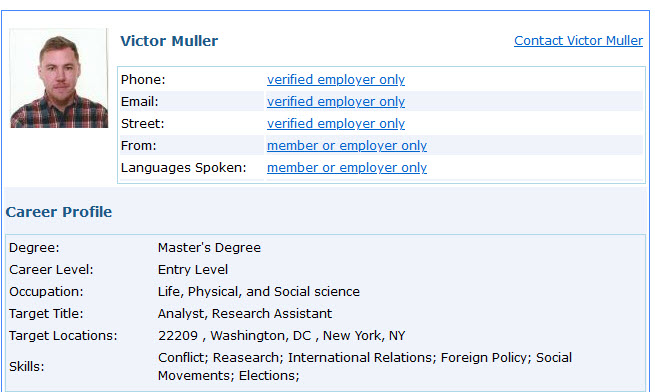 El perfil de MyVisaJobs para "Victor Muller", la identidad falsa de Sergey Cherkasov.