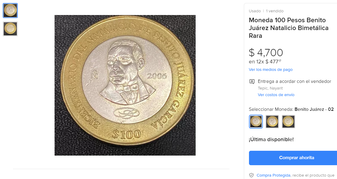 Moneda de 100 pesos. (Foto: Mercado Libre)