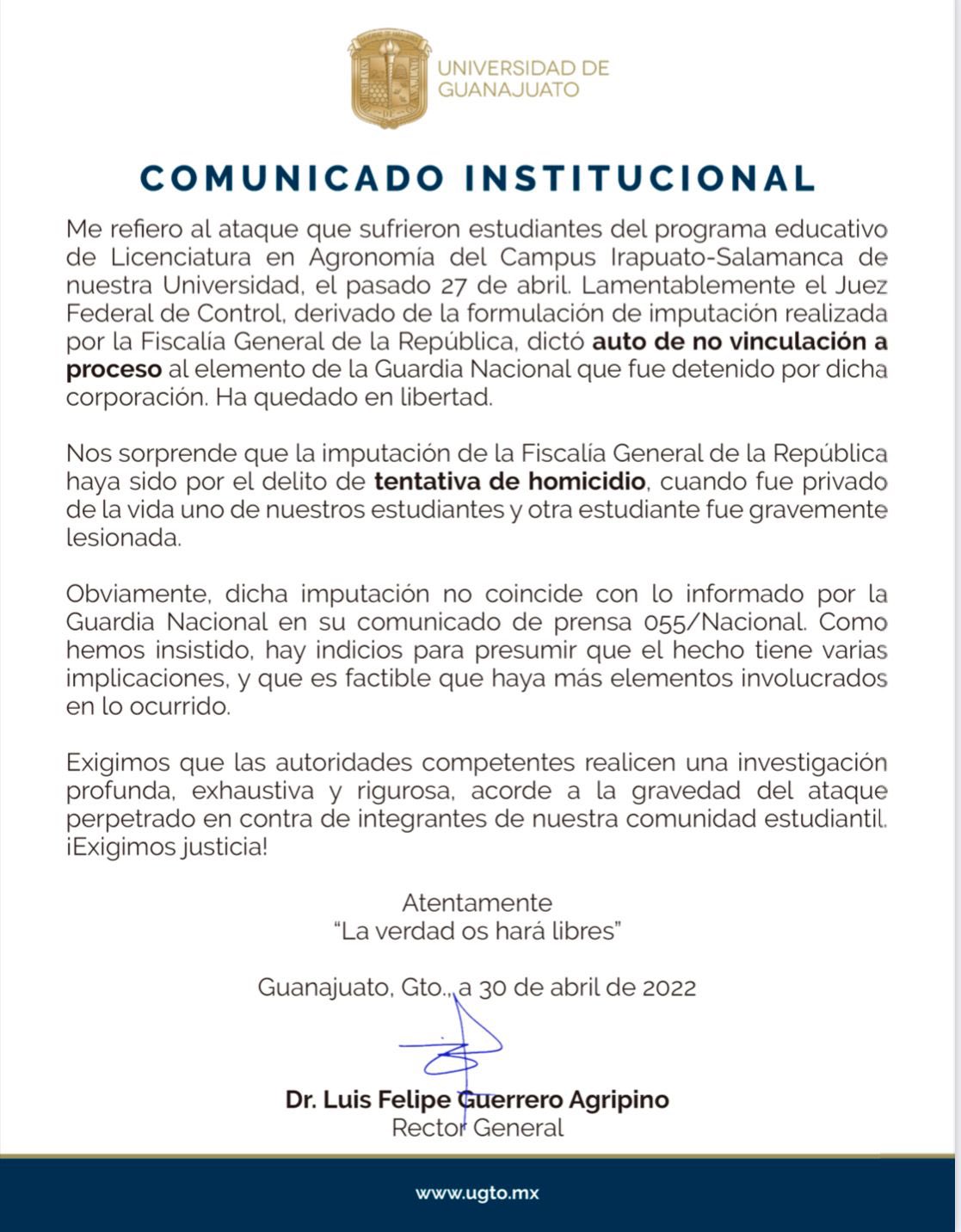 La universidad mostró su descontento (Foto: Universidad de Guanajuato)