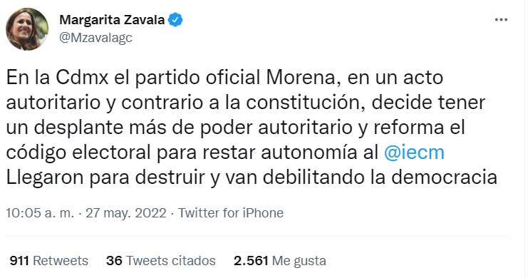 Margarita Zavala sostuvo que el partido guinda decidió tener “un desplante más de poder” (Foto: Twitter/@Mzavalagc)
