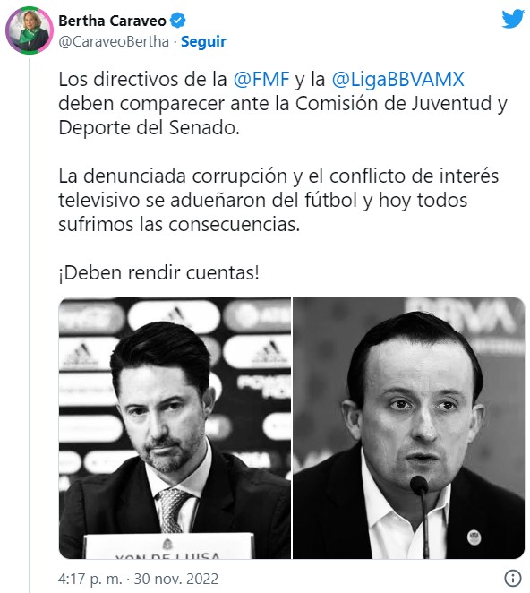 A finales del mes de noviembre, Bertha Caraveo, senadora de Morena, exigió a Mikel Arriola y a Yon de Luisa, titular de la Federación Mexicana de Fútbol (FMF), que comparecieran en la cámara legislativa el por qué perdió la Selección Mexicana.