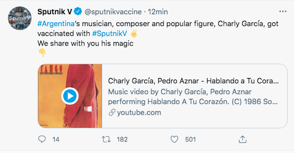Charly García recibió la Sputnik V y la cuenta oficial de la vacuna lo celebró (Foto: sputnikvvaccine)