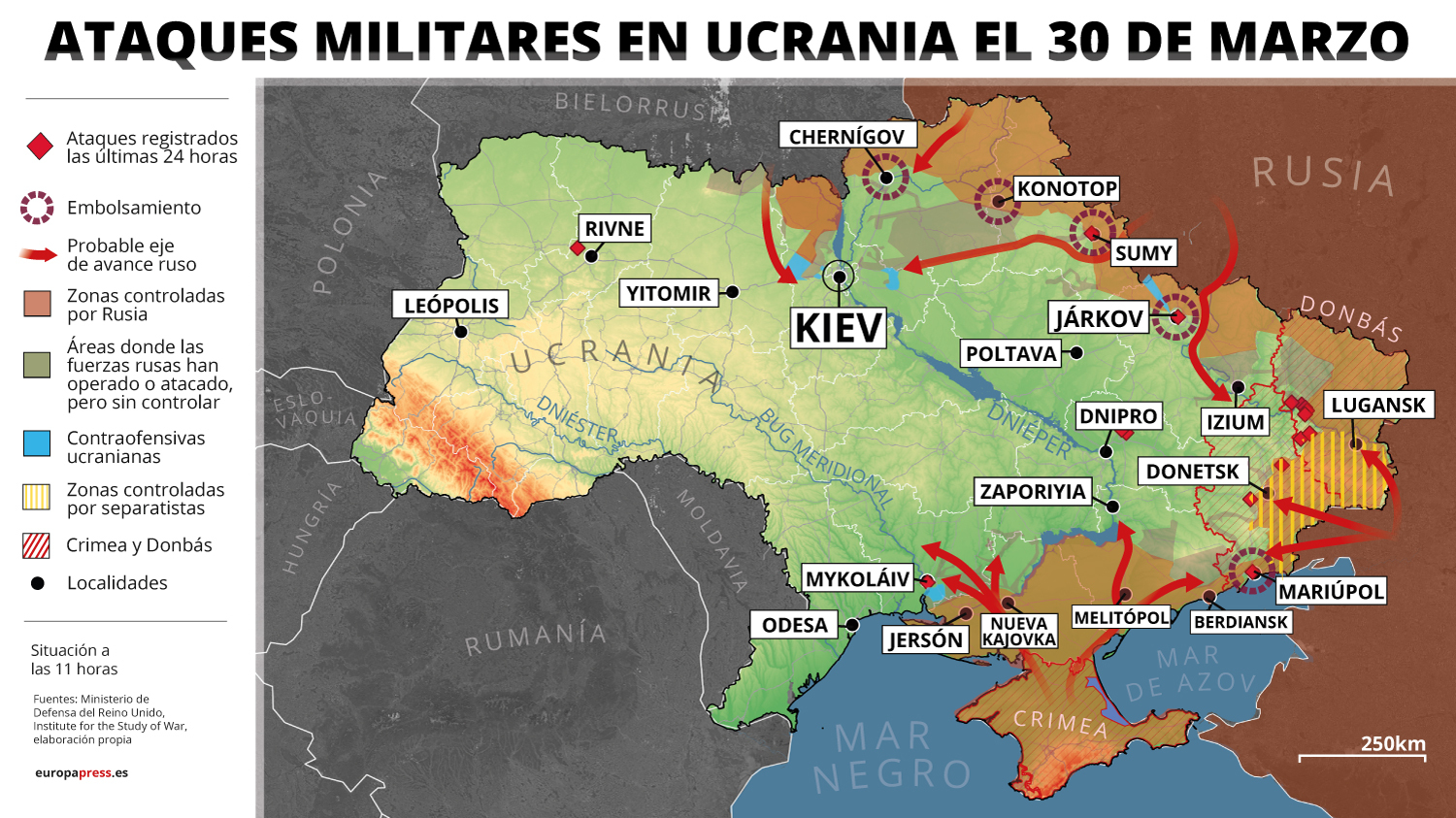 Mapa con ataques militares en Ucrania el 30 de marzo de 2022 (Europa Press)