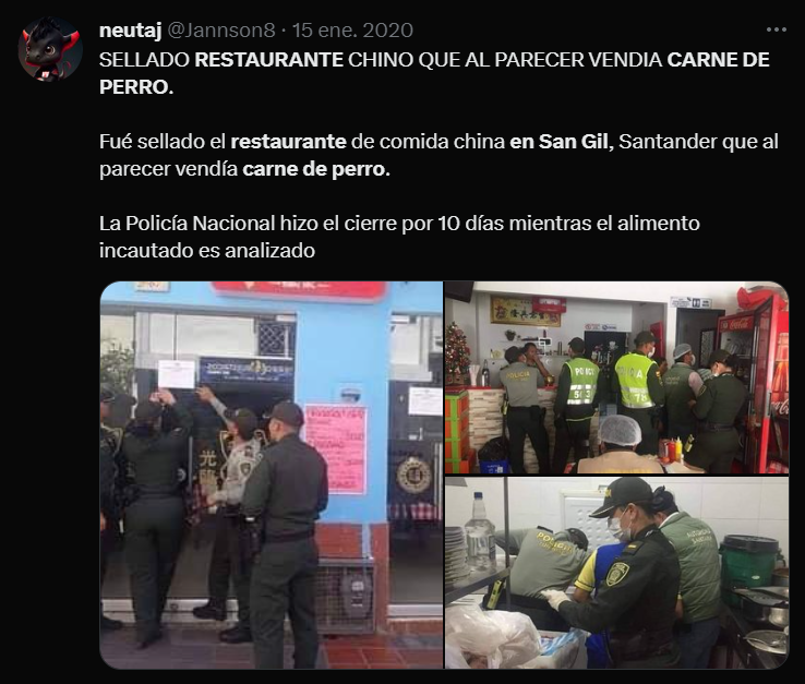 Authorities in Santander took preventive measures against a Chinese restaurant for allegedly selling dog meat.  @Jannson8.  Twitter