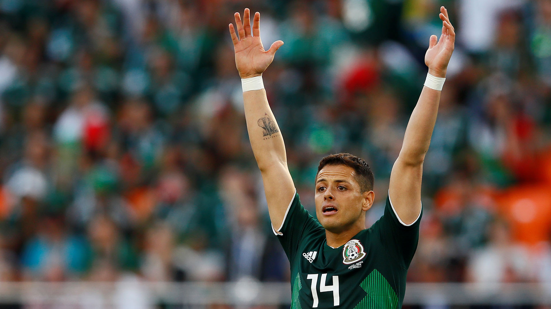 Javier Hernández with Mexico at the 2018 World Cup in Russia. Photo: REUTERS/Jason Cairnduff