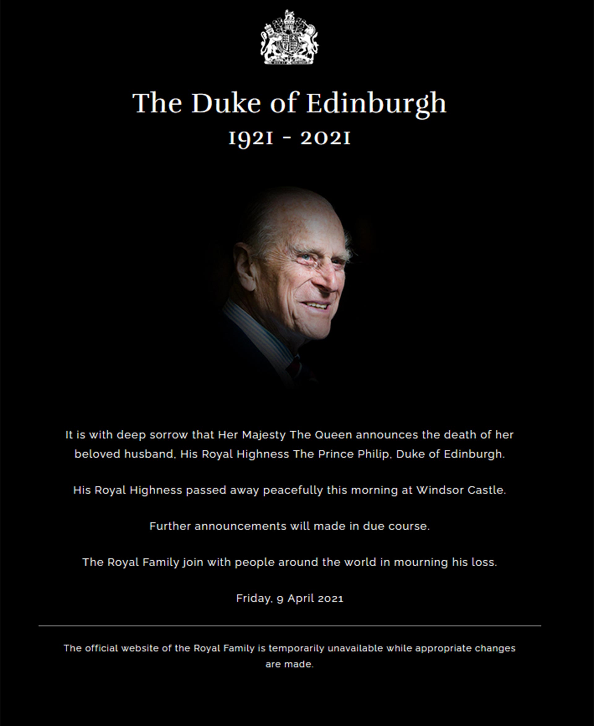 El comunicado de prensa de la Casa Real británica para anunciar la muerte de del Duque de Edimburgo, el príncipe Felipe (Royal)