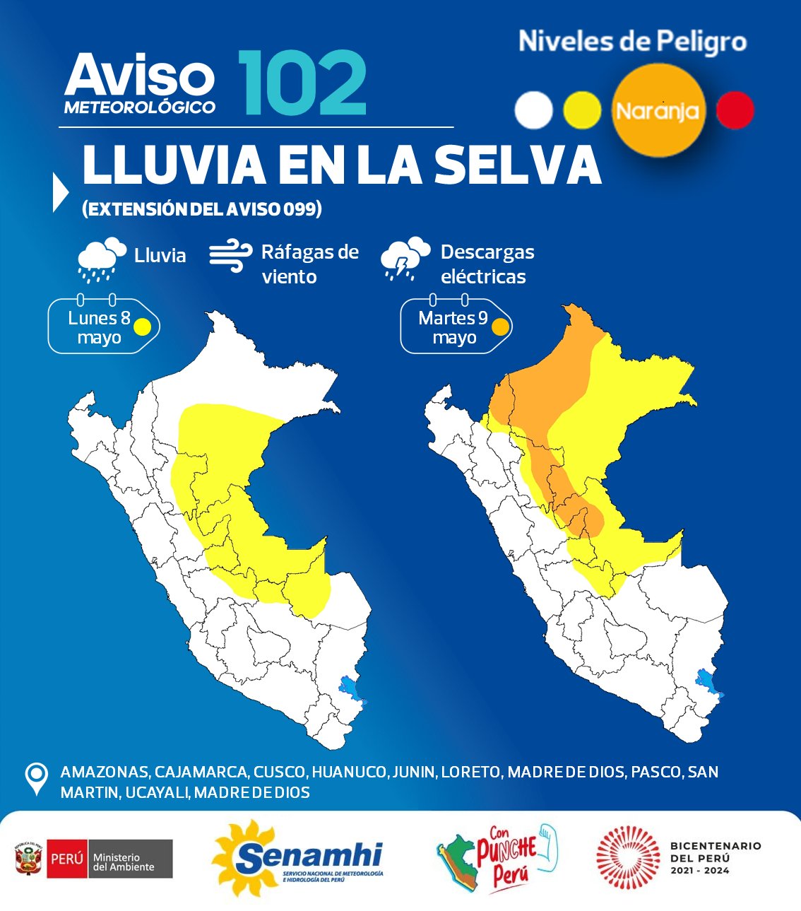 Pronóstico de lluvias en la selva hasta el martes 9 de mayo.