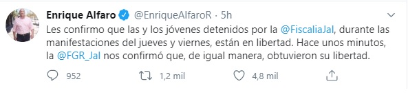 El gobernador de Jalisco informó que los detenidos fueron liberados (Foto: Twitter @EnriqueAlfaroR)