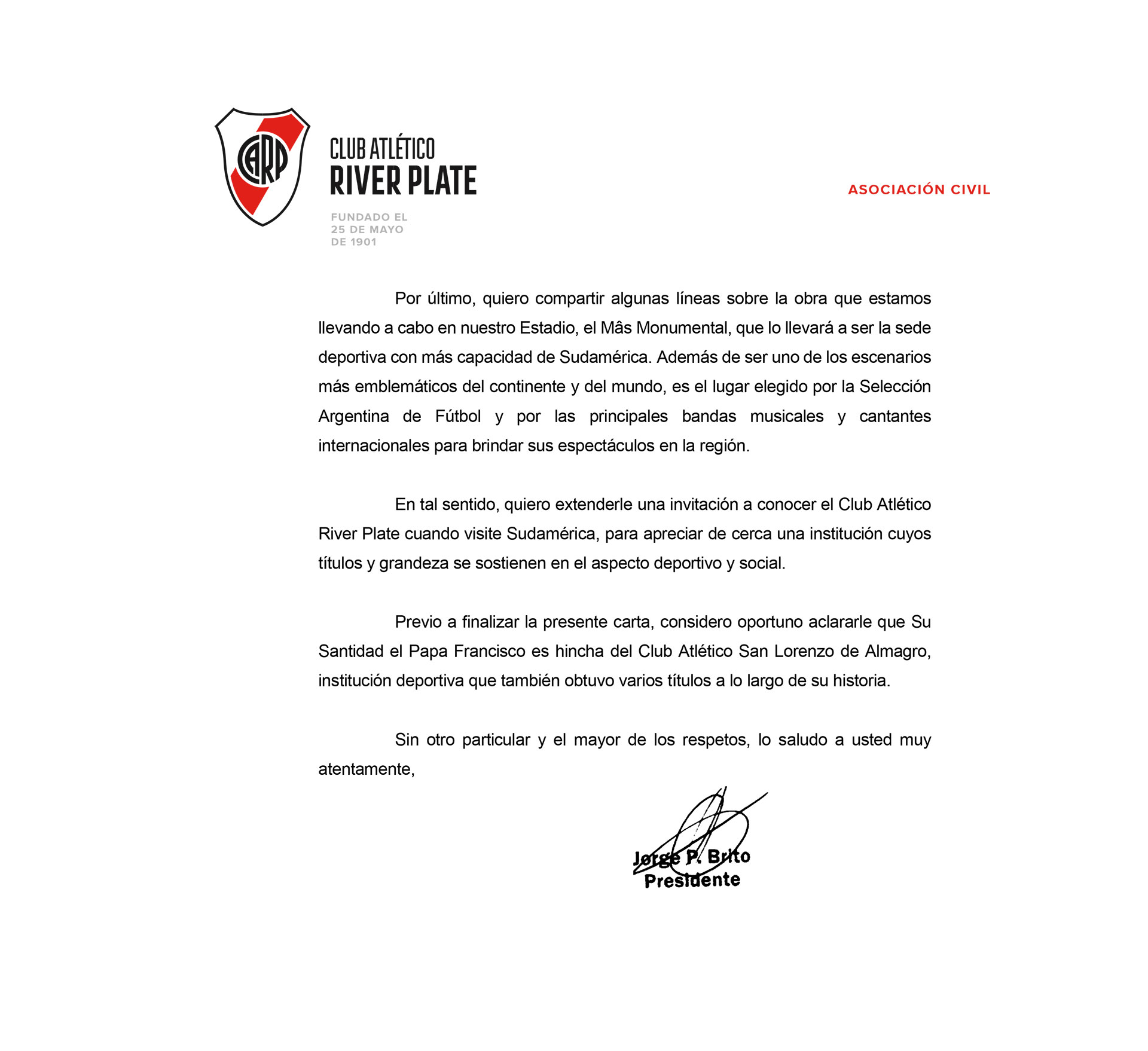 Carta De Jorge Brito Al Arzobispo De Milán Por Sus Críticas Al Club