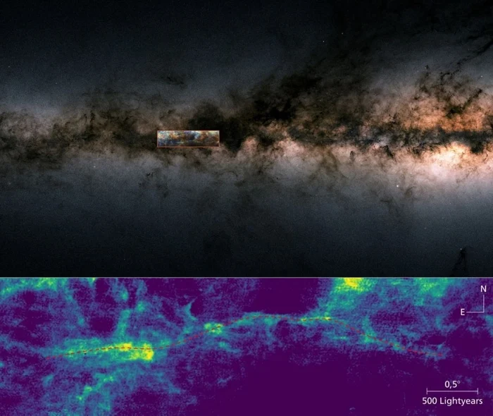 Arriba: la sección de la Vía Láctea, medida por el satélite Gaia de la ESA (arriba). El cuadro marca la ubicación del filamento 'Maggie' y la imagen en falso color de la distribución del hidrógeno atómico (abajo), la línea roja indica el filamento 'Maggie'