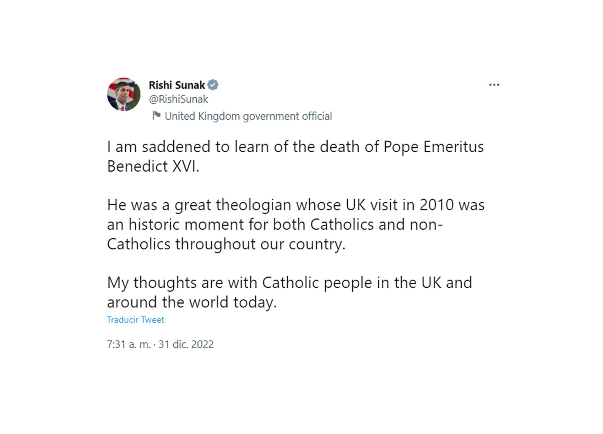 El mensaje del primer ministro británico por la muerte de Benedicto XVI
