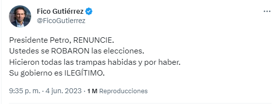 El ex candidato presidencial Federico Gutiérrez le pidió al presidente Petro su renuncia tras conocerse los audios filtrados de Benedetti, en los que señala que el dinero de la campaña de 2022 de Petro entró de personas no empresarias. Twitter/@FicoGutierrez.