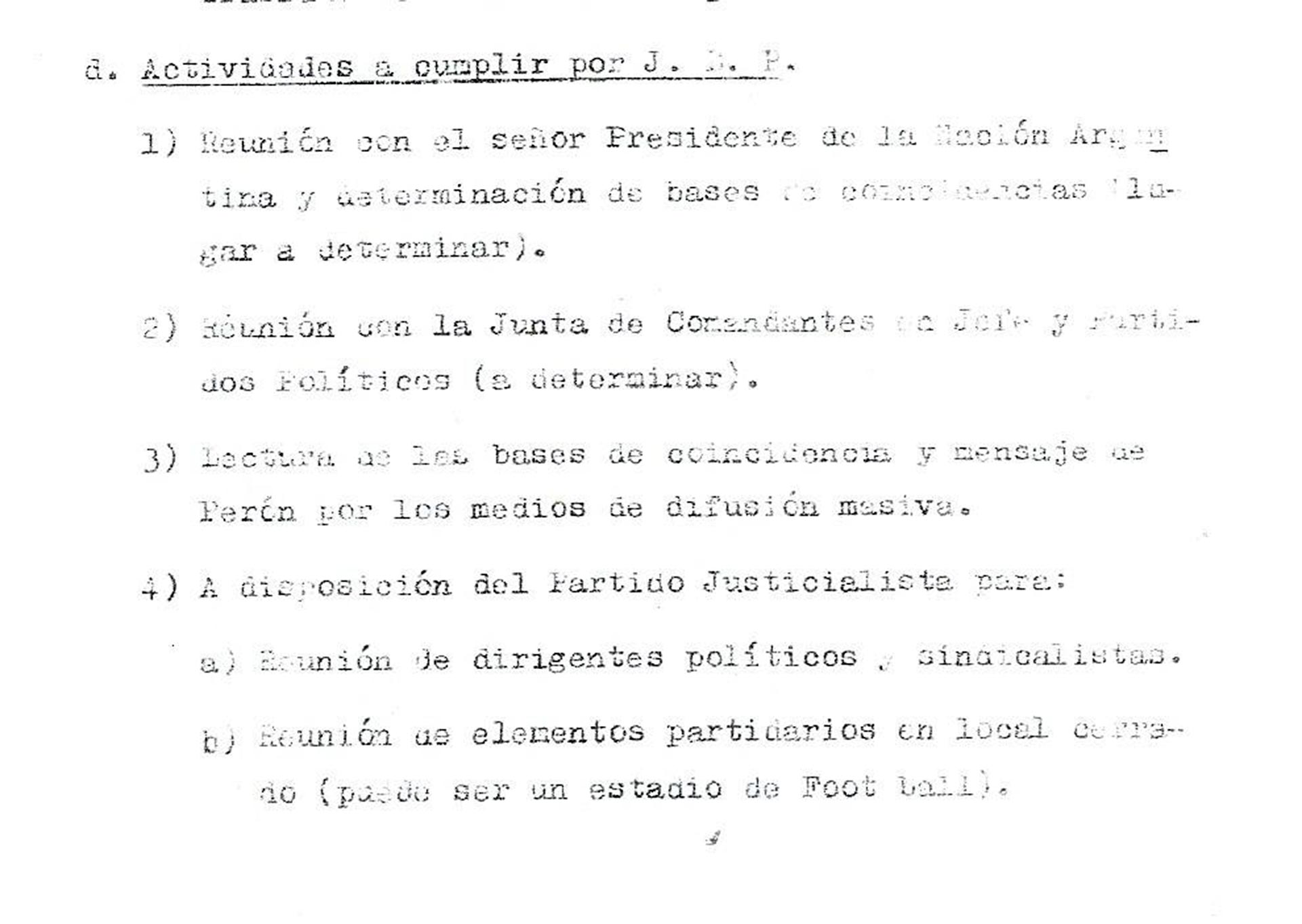 Uno de los tantos borradores de actividades que la Junta Militar tenía para la estadía de Perón en la Argentina y que no fue tenido en cuenta. Entre esas actividades se contemplaba analizar las “bases de coincidencias”