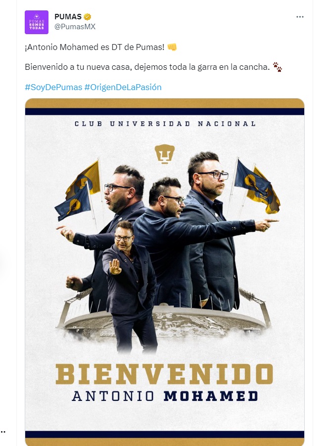 Pumas oficializó la llegada de Antonio Mohamed a Pumas (Twitter/ @PumasMX)