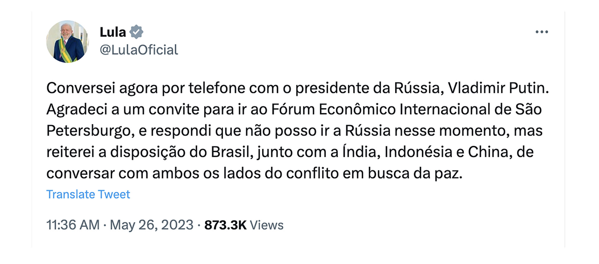Lula da Silva habló con Putin