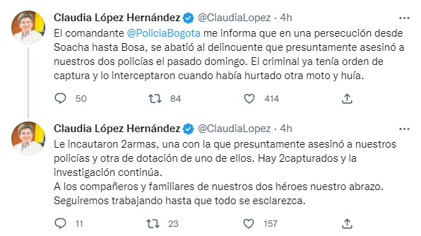 Claudia López confirmó que fue ultimado el presunto homicida de los dos policías. (@ClaudiaLopez)
