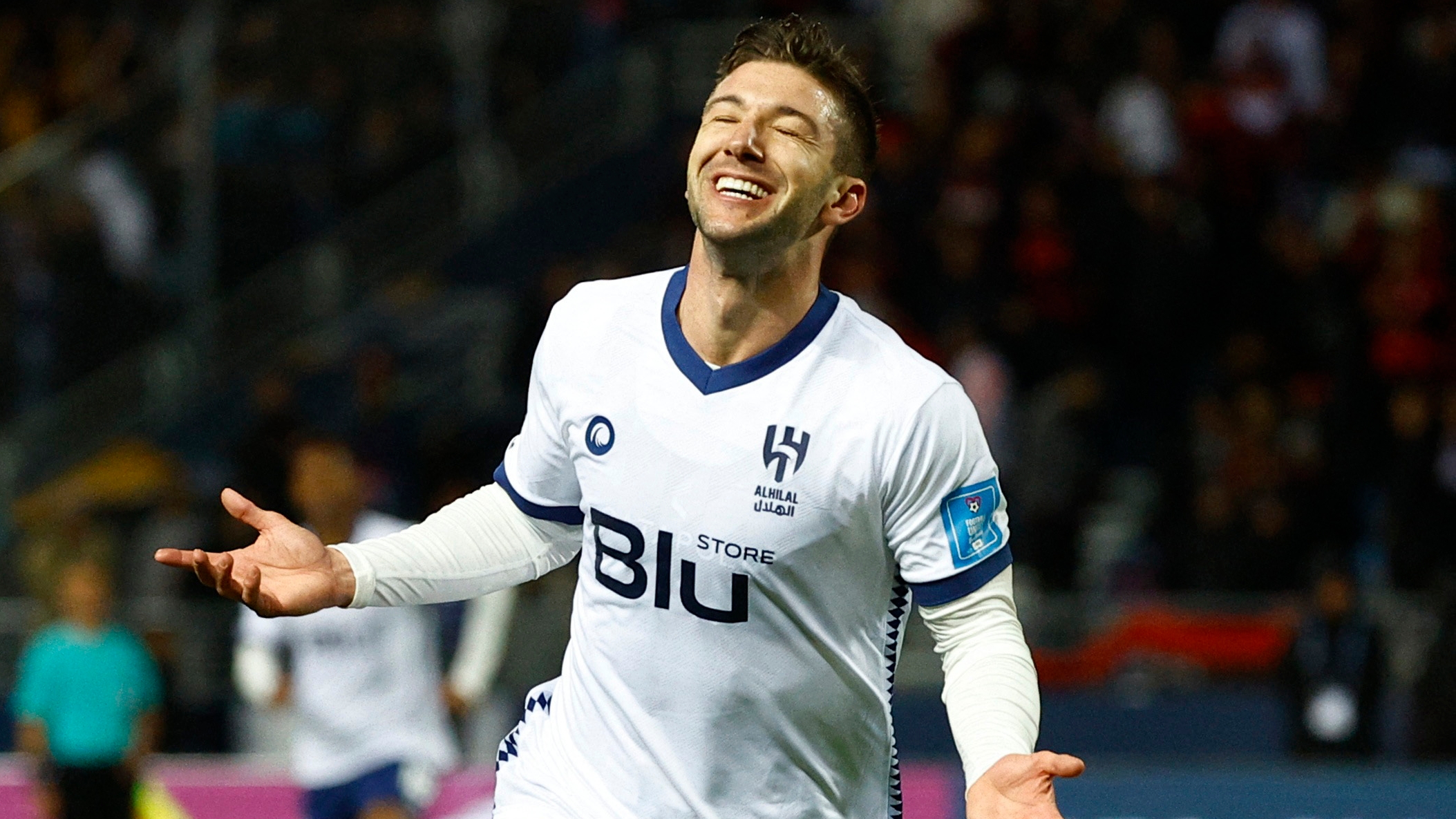 Soccer Football - Club World Cup - Semi Final - Flamengo v Al Hilal - Grand Stade de Tanger, Tangier, Morocco - February 7, 2023 Al Hilal's Luciano Vietto celebrates scoring their third goal REUTERS/Susana Vera