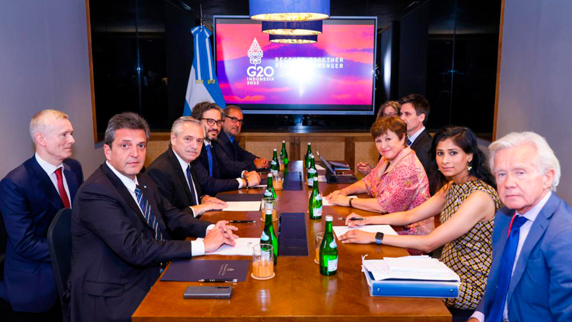 Alberto Fernández, junto a Santiago Cafiero, Sergio Massa y Jorge Arguello, se reunió con Kristalina Georgieva en el G20