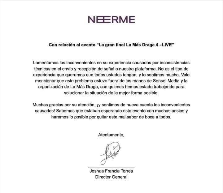 Comunicado oficial de Neerme 
(Foto:Instagram/@neerme.tv)