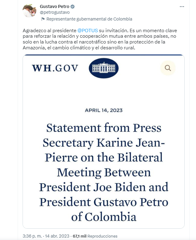El presidente Petro agradeció la invitación de la Casa Blanca (Twitter)